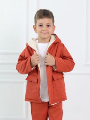 kiremit renk çocuk mont gabardin kumaş peluş astar
