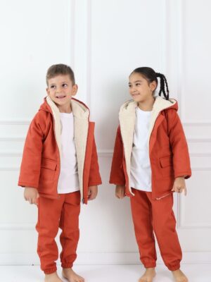 kiremit renk çocuk mont gabardin kumaş peluş astar