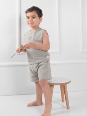 Erkek Çocuk Askılı Şortlu Müslin Takım Gri