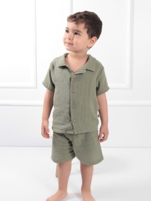 Erkek Çocuk Müslin Yakalı Takım Şortlu Haki