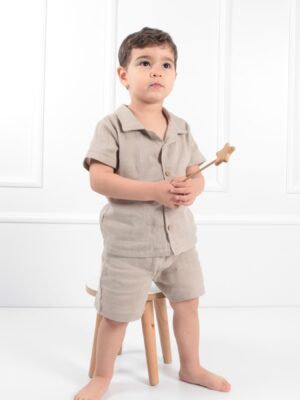 Erkek Çocuk Müslin Yakalı Takım Şortlu Vizon